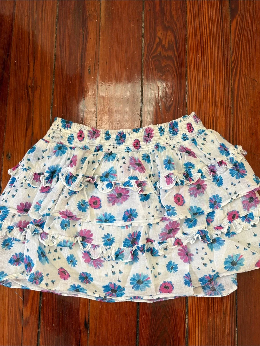 LoveShackFancy: White Tiered Floral Skirt with Blue & Pink Blooms